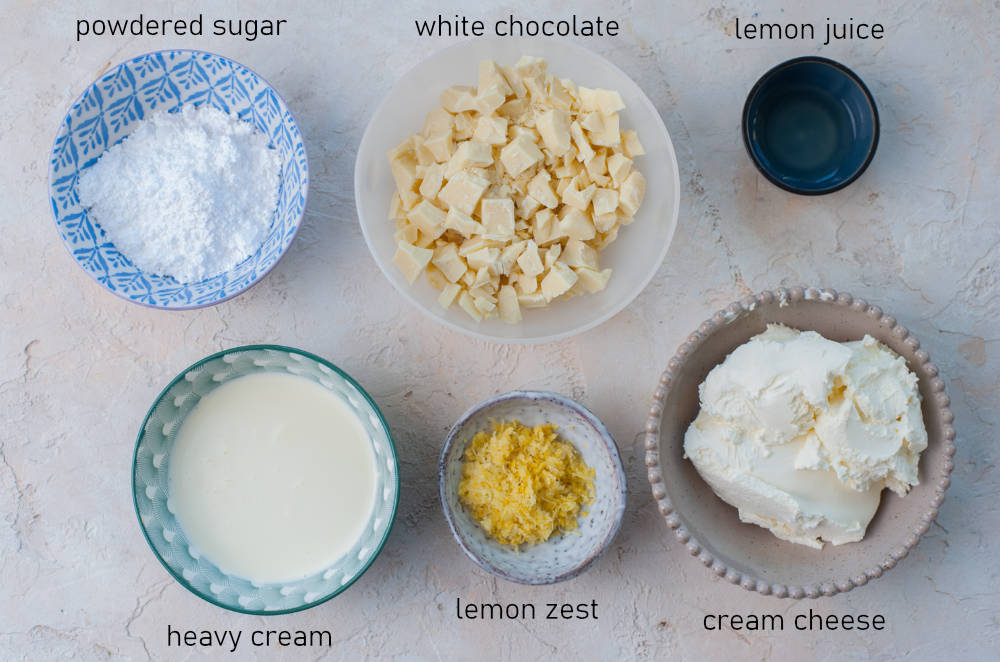 Labeled ingredients for lemon cream cheese white chocolate frosting.