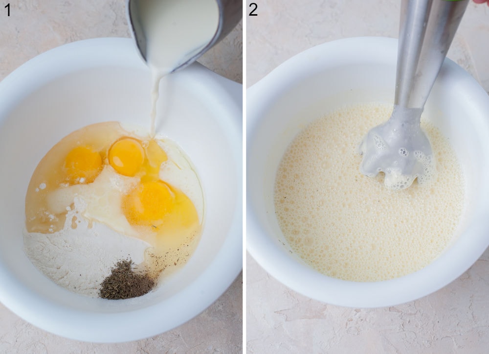 Ingredients for crepe batter are being added to a white bowl. Crepe batter is being mixed with a hand blender.