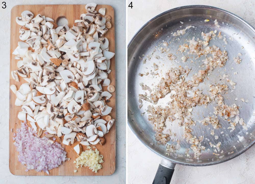 Sliced mushrooms, chopped onion and garlic on a wooden board. Sauteed onions with garlic in a pan.