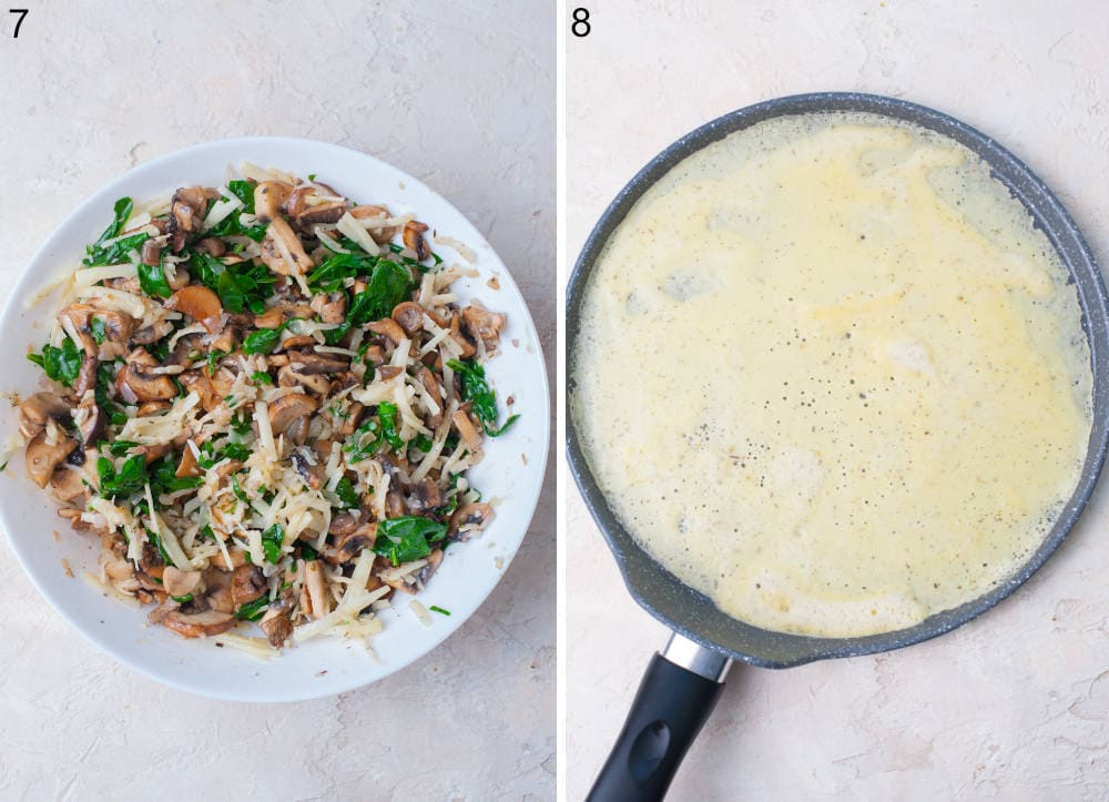 Mushroom spinach filling in a white bowl. Crepe batter in a pancake pan.