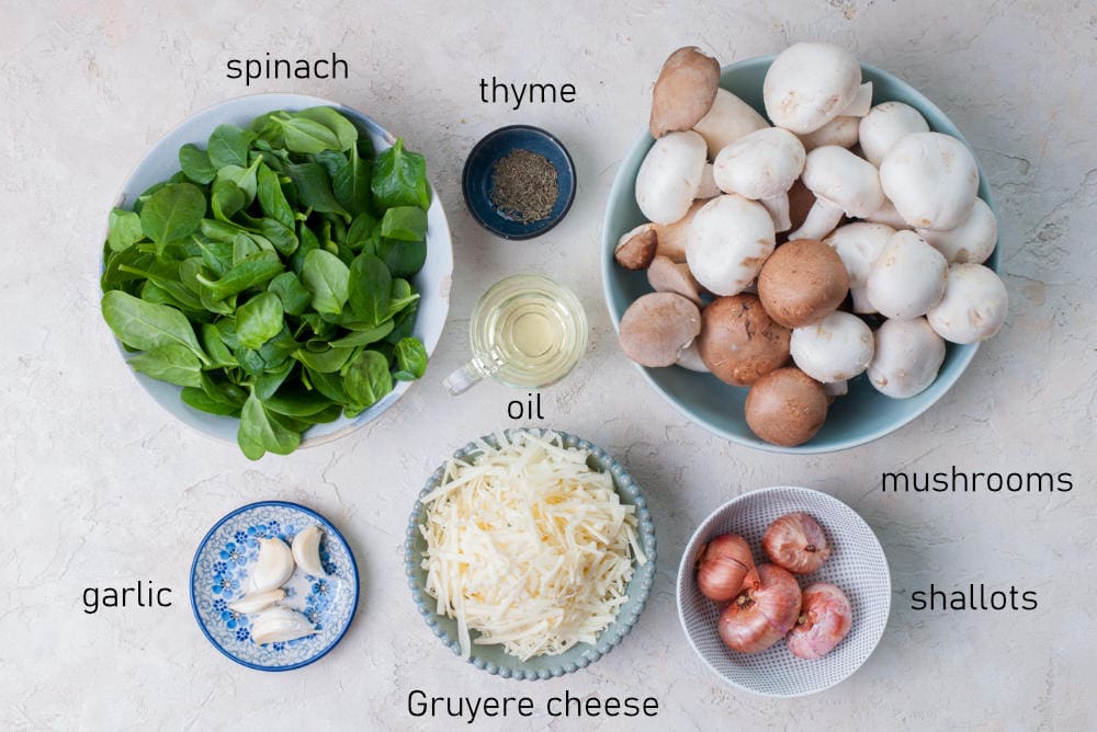 Labeled ingredients for mushroom filling for crepes.