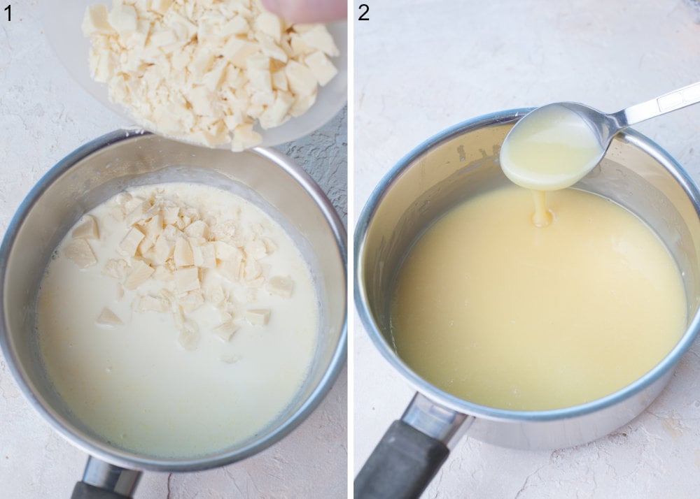 White chocolate is being added to hot cream in a pot. Melted chocolate and cream in a pot.