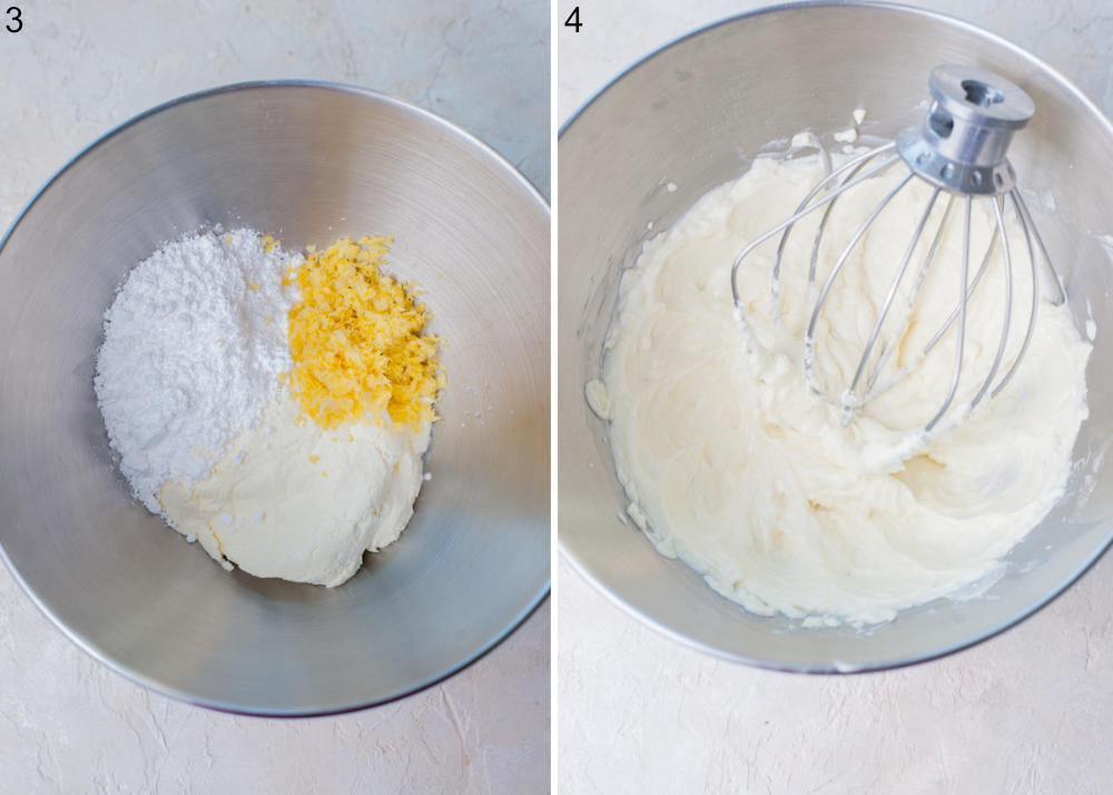 Powdered sugar, lemon zest, and cream cheese in a bowl. Cream cheese mixture and a whisk in a bowl.