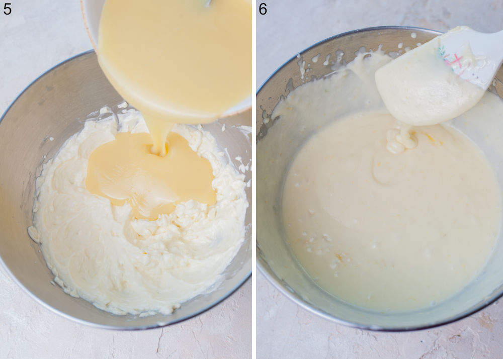 Melted chocolate is being added to a cream cheese mixture in a bowl. Lemon frosting in a bowl.