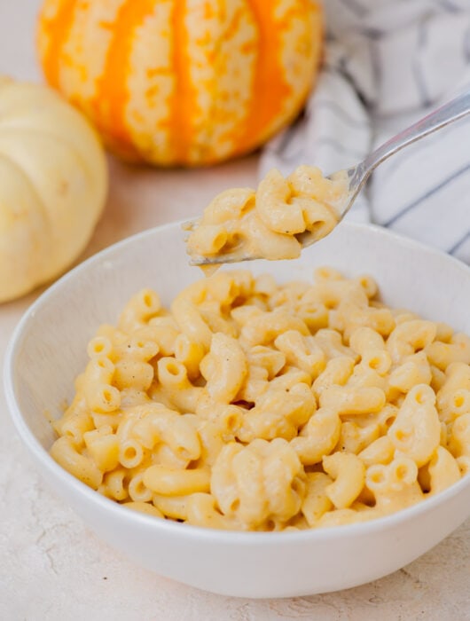 Pumpkin mac and cheese in a white bowl. Small pumpkins in the background.