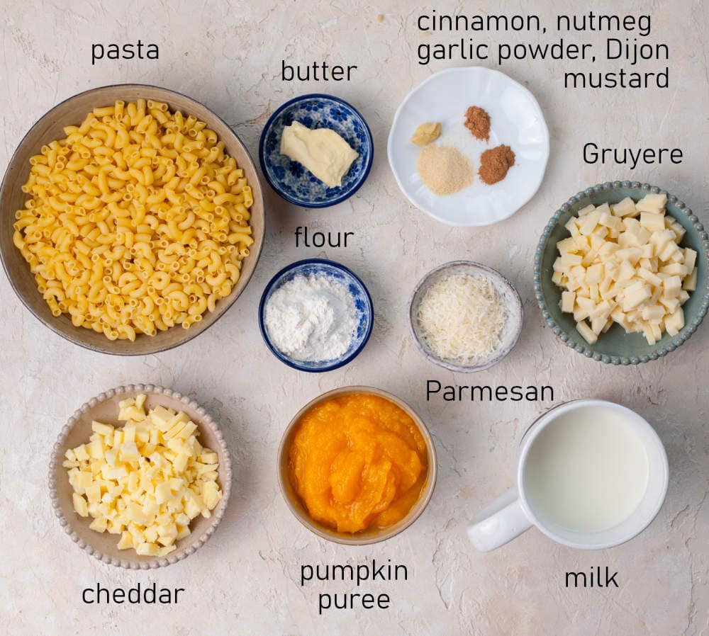 Labeled ingredients for pumpkin mac and cheese.