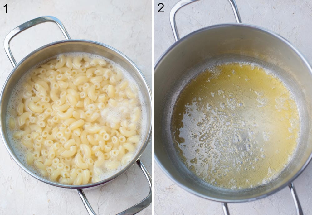 Macaroni pasta in a pot. Melted butter in a pot.