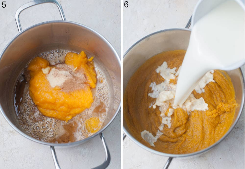 Roux and pumpkin puree in a pot. Milk is being added to a pot with pumpkin puree.