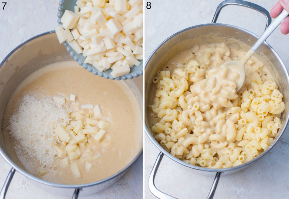 Cheese is being added to cheese sauce in a pot. Cheese sauce is being stirred with cooked macaroni in a pot.