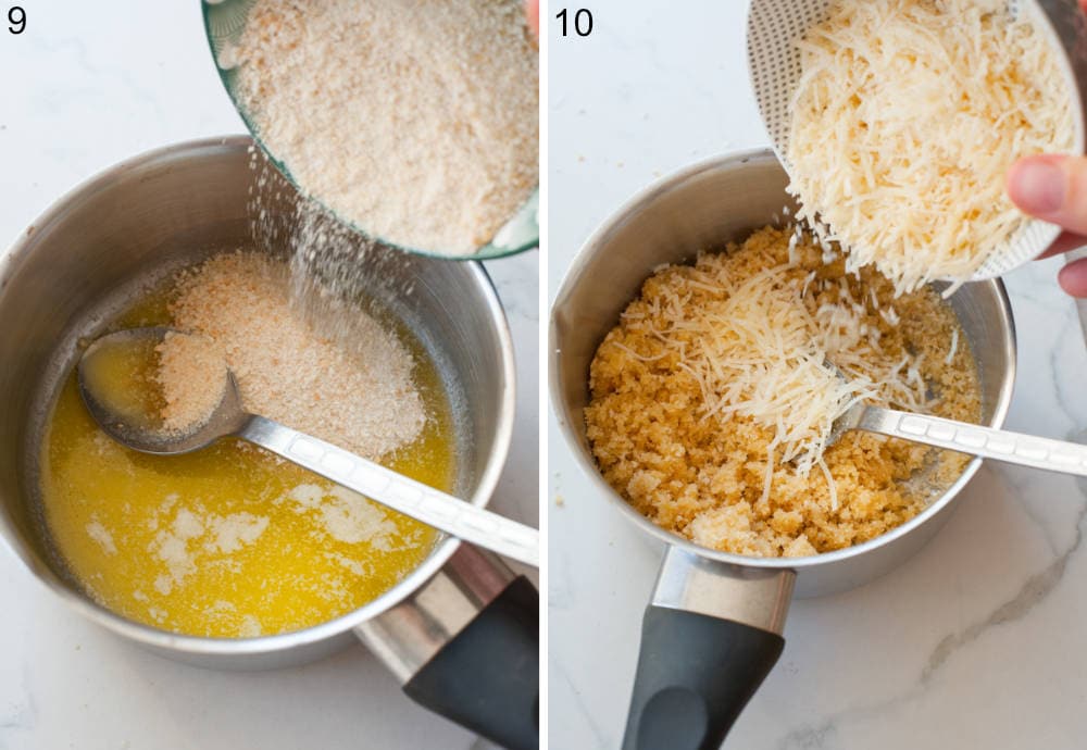 Breadcrumbs are being added to melted butter in a pot. Parmesan is being added to breadcrumbs in a pot.