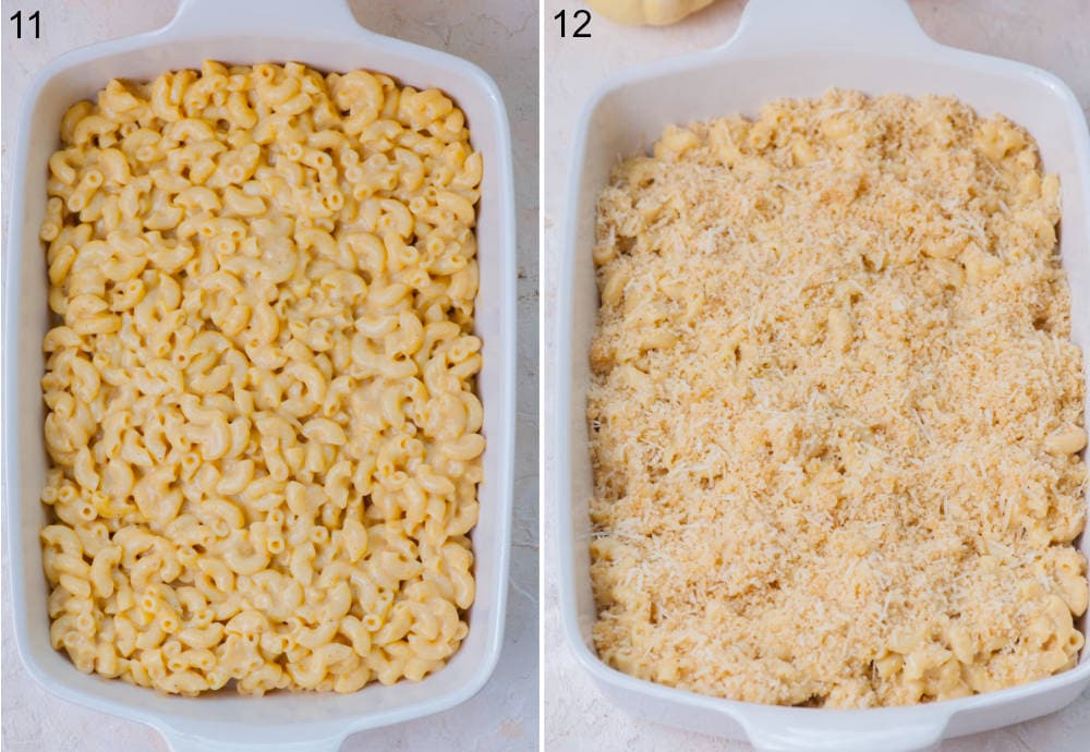 Pumpkin mac and cheese in a white baking dish. Mac and cheese topped with breadcrumb topping in a white dish.