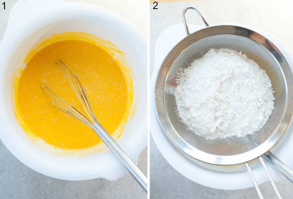 Wet ingredients for pumpkin pancakes in a white bowl. Flour in a sieve hung over a white bowl.