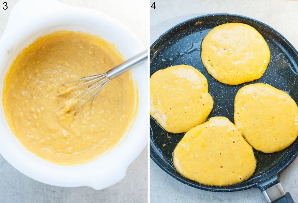 Pumpkin pancakes batter in a white bowl. Pumpkin pancakes are being cooked in a black pan.