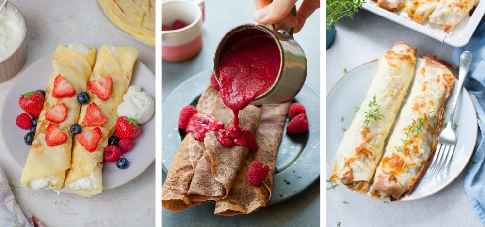 A collage of 3 photos showing rolled up crepes.