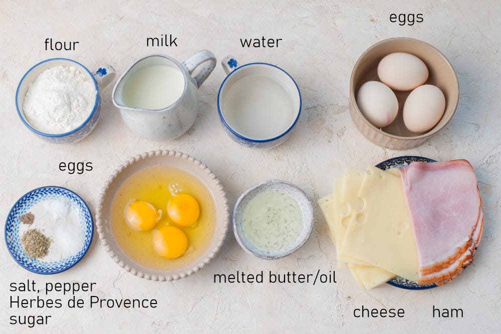 Labeled ingredients for savory crepes.