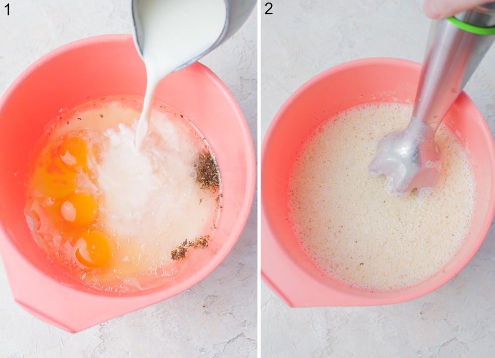 Ingredients for savory crepe batter are being added to a red bowl. Crepe batter is being mixed with a hand blender.