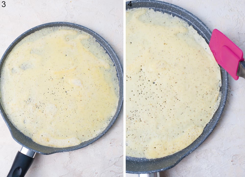 Crepe batter in a crepe pan. Edges of crepes are being lifted with a spatula.