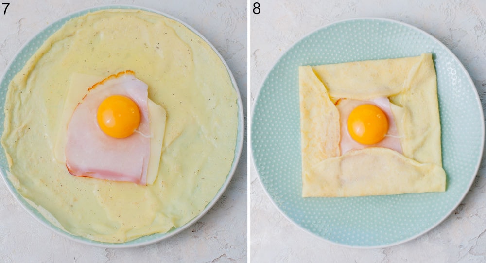 Cheese, ham, and egg on top of a crepe. A crepe folded into square.