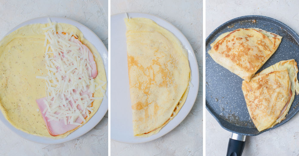 A collage of 3 photos showing how to fold crepes with ham and cheese into triangles.