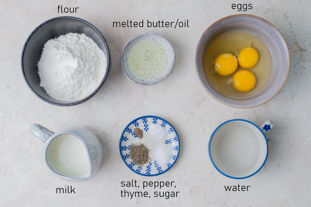 Labeled ingredients for savory crepes batter.