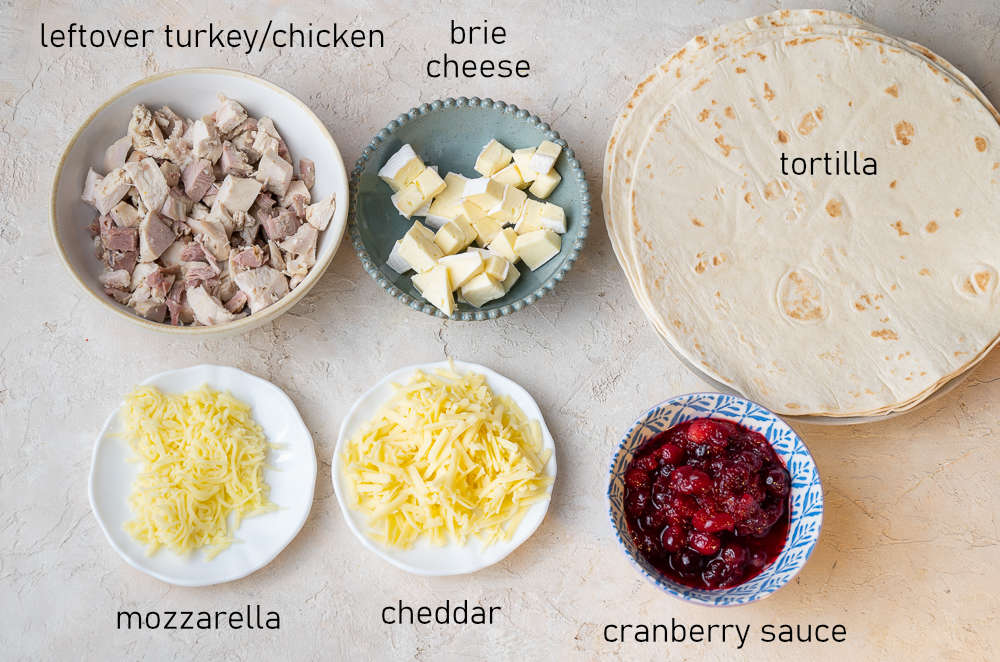 Labeled ingredients for turkey quesadillas.