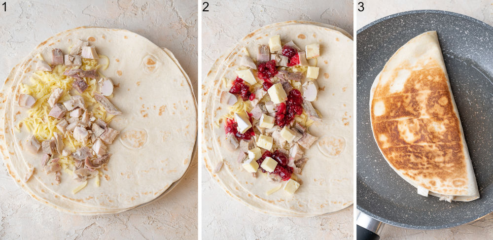 A collage of 3 photos showing preparation steps of turkey quesadillas.