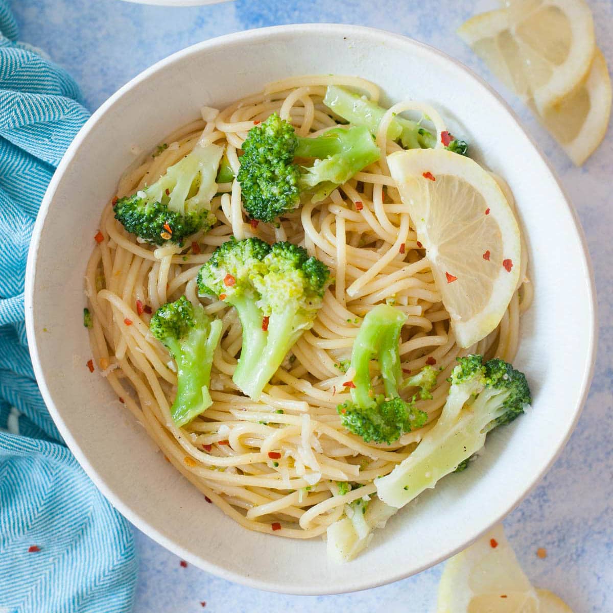 Lemon broccoli pasta in a white bowl.