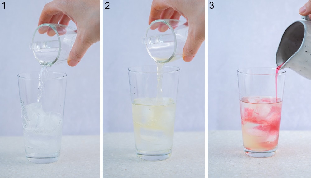 A collage of 3 photos showing how to make bay breeze drink step by step.