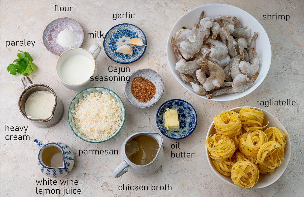 Labeled ingredients for Cajun shrimp pasta.