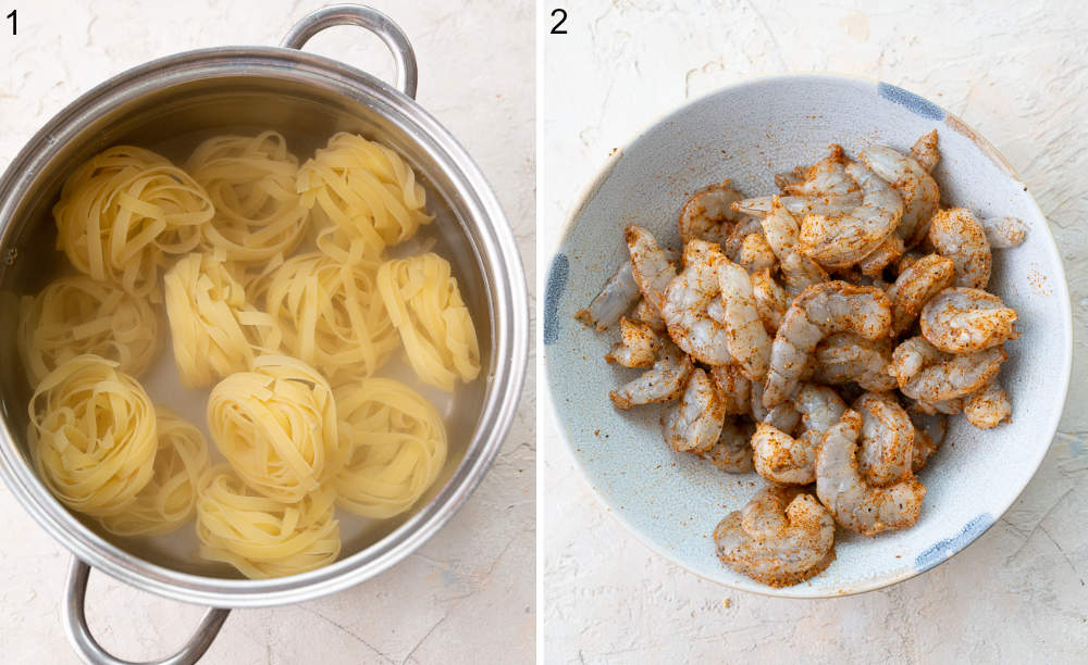 Pasta is being cooked in a pot. Seasoned shrimp in a bowl.
