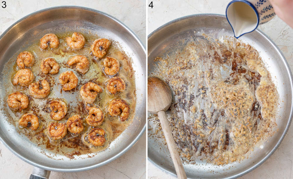 Shrimp is being fried in a pan. Wine is being added to a pan.