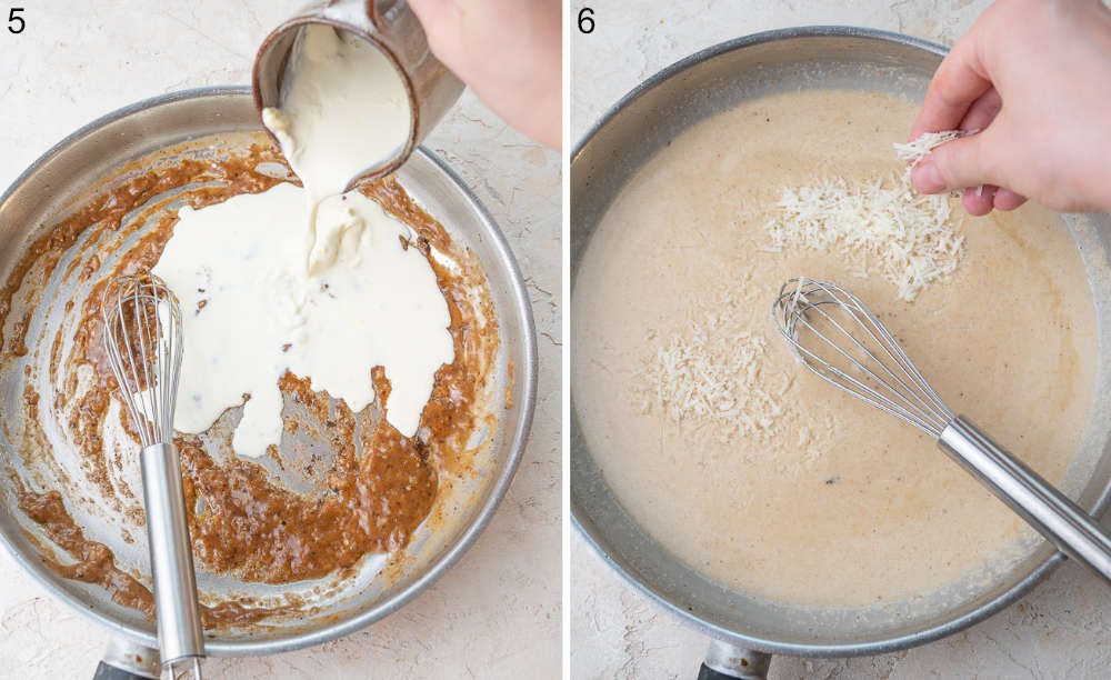 Cream is being added to the pan. Parmesan is being added to a sauce in a pan.