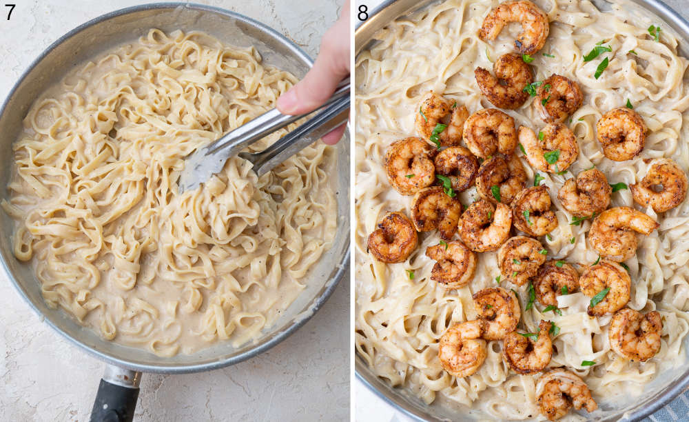 Tagliatelle pasta is being tossed with alfredo sauce in a pan. Shrimp and creamy sauce in a pan.