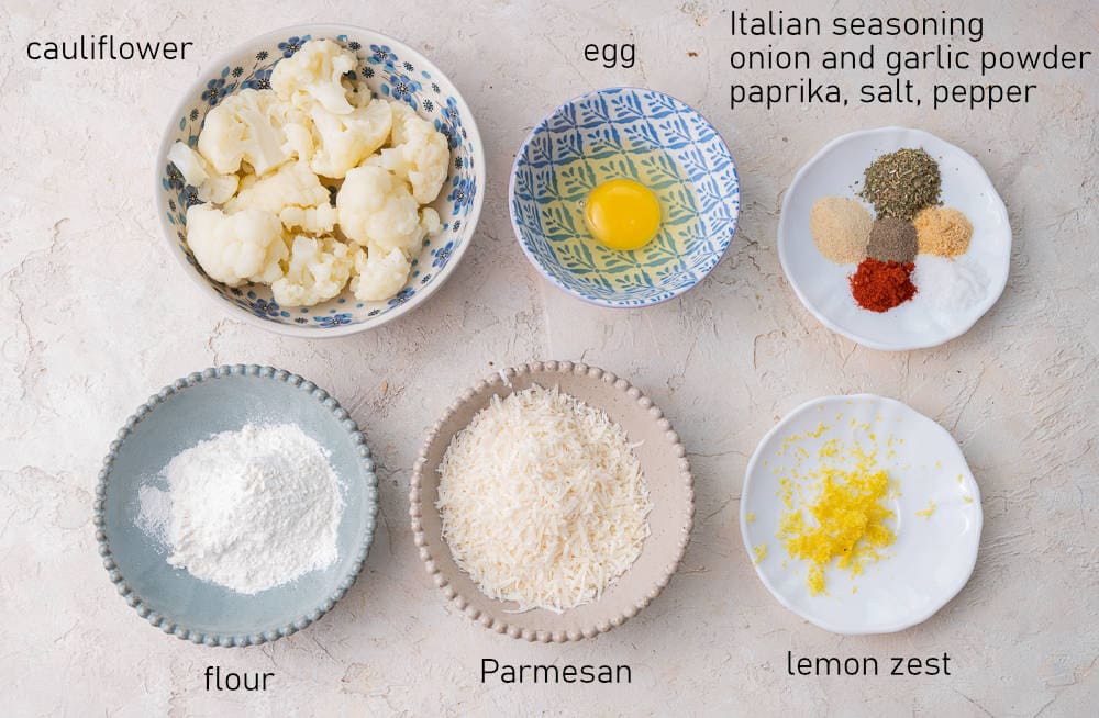 Labeled ingredients for cauliflower fritters.
