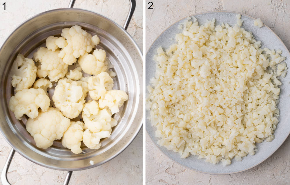 Cooked cauliflower in a pot. chopped cauliflower in a plate.