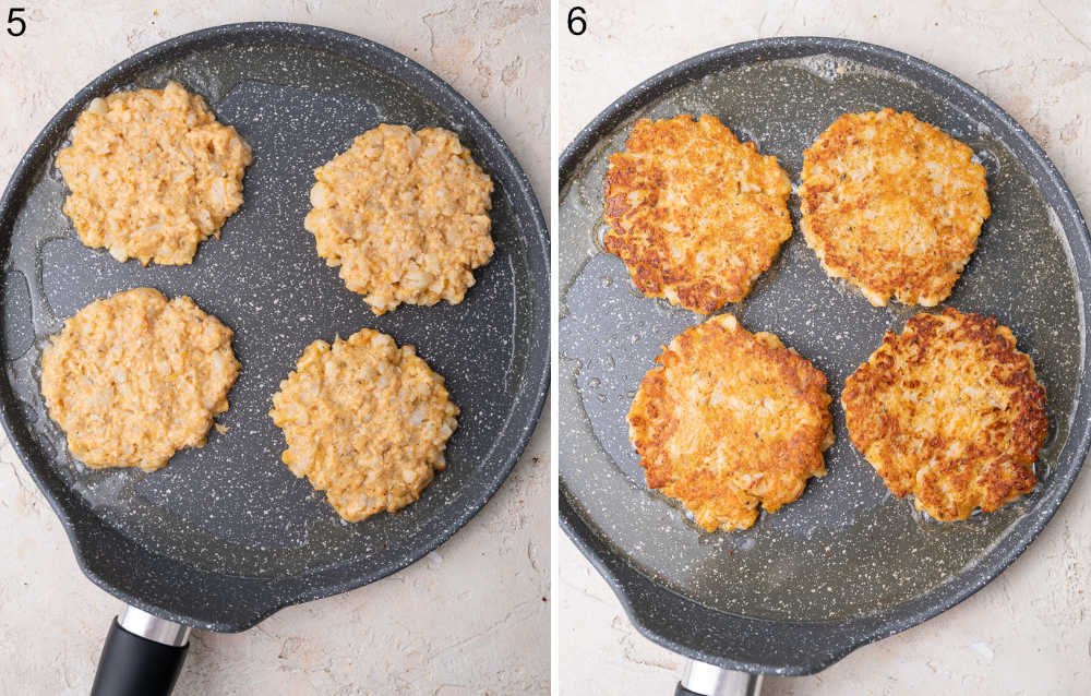 Cauliflower fritters are being cooked in a black pan.