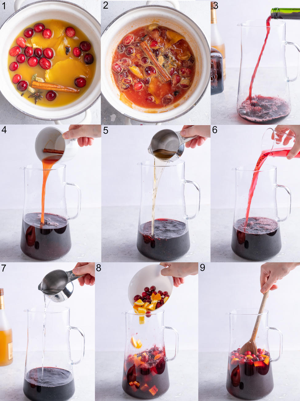 A collage of 9 photos showing how to make Christmas sangria step by step.