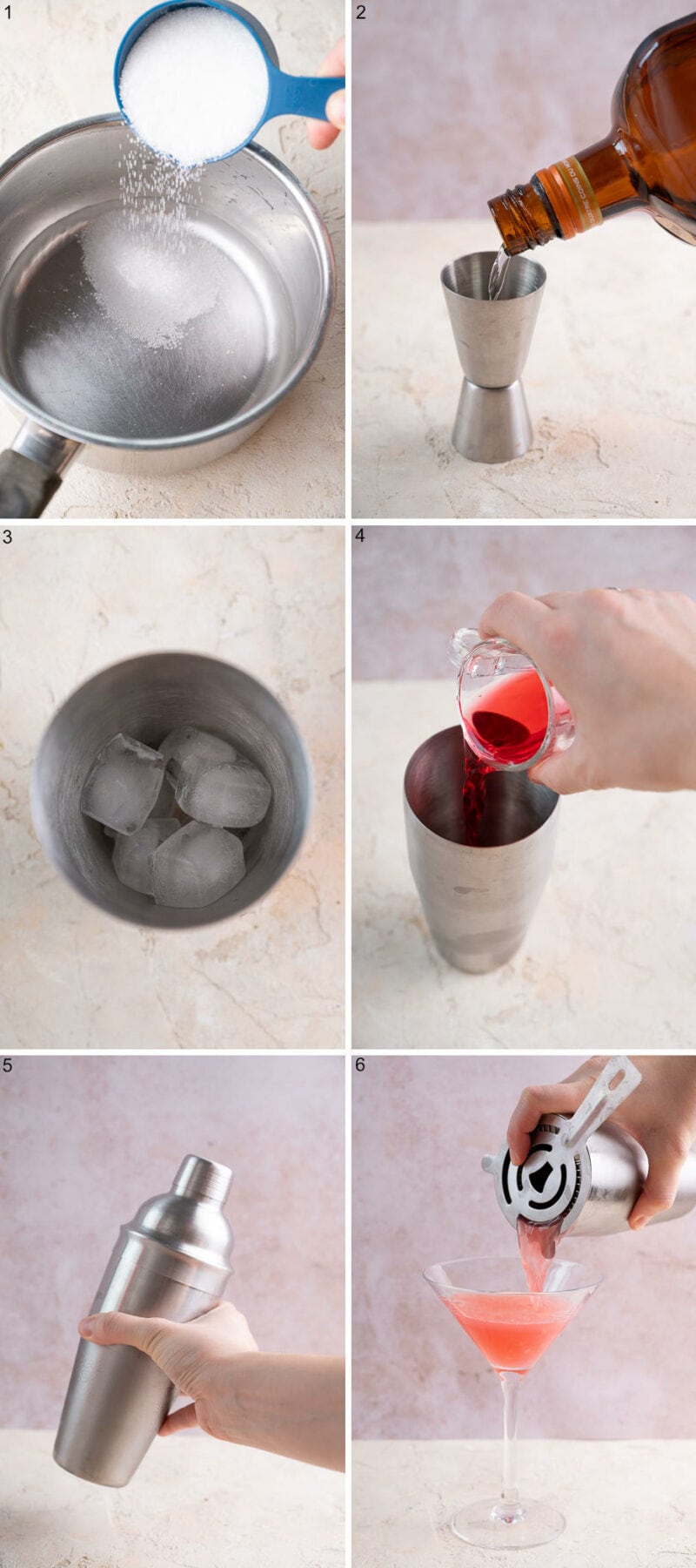 A collage of 6 photos showing how to prepare a cranberry martini step by step.