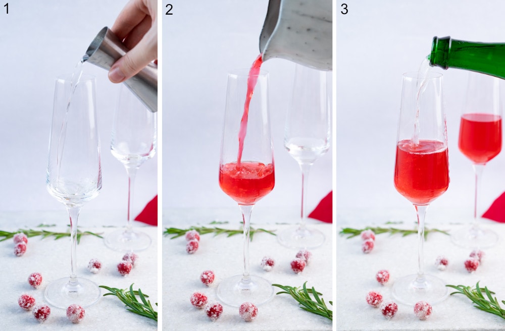 A collage of 3 photos showing how to prepare cranberry mimosa step by step.