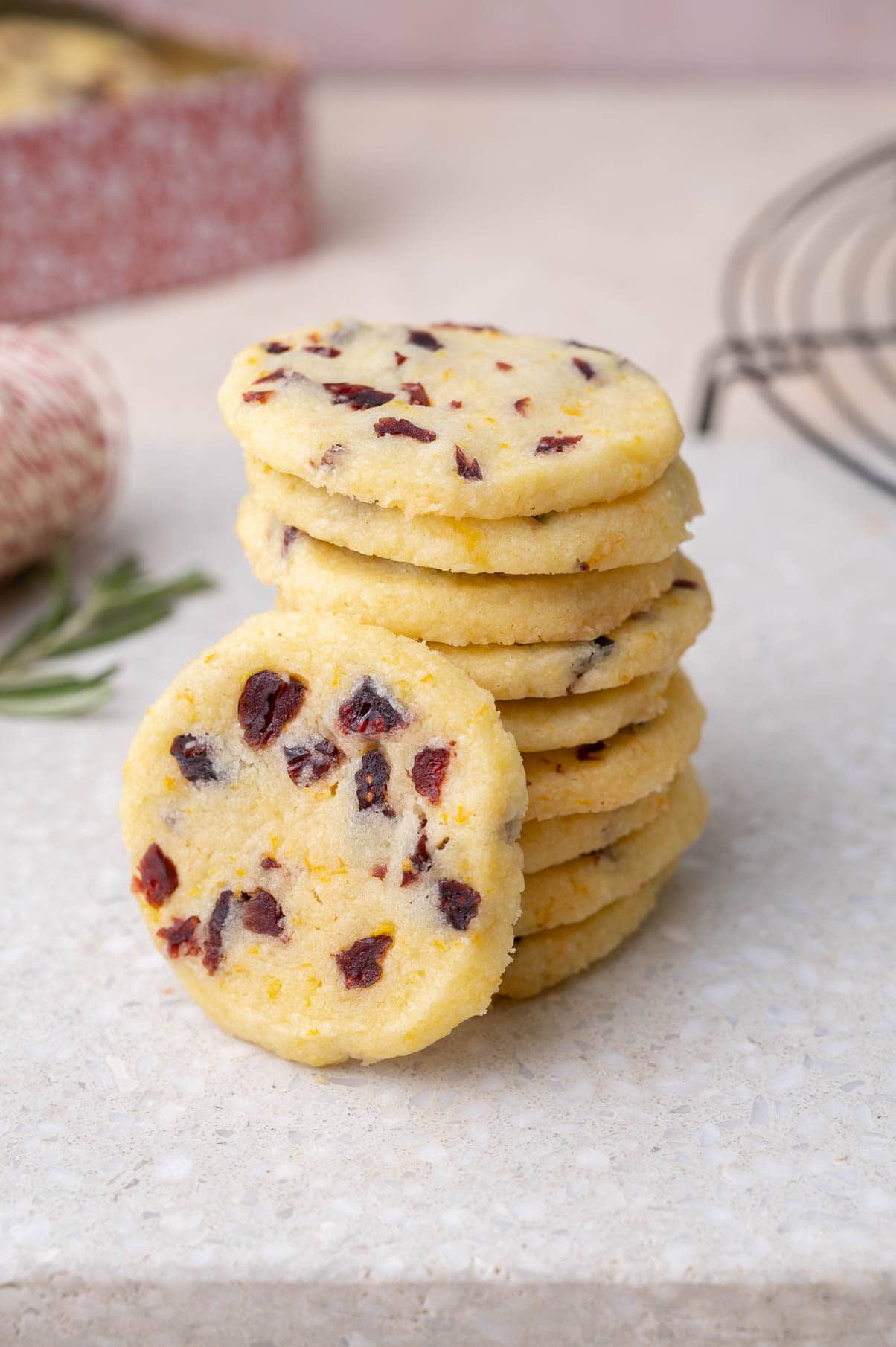 A stack of cranberry shortbread cookies.