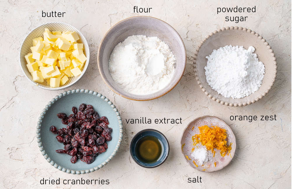Labeled ingredients for cranberry shortbread cookies.