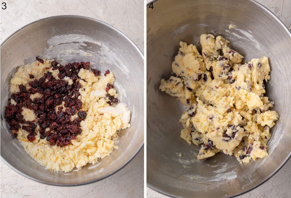 Cookie dough with cranberries in a mixing bowl.