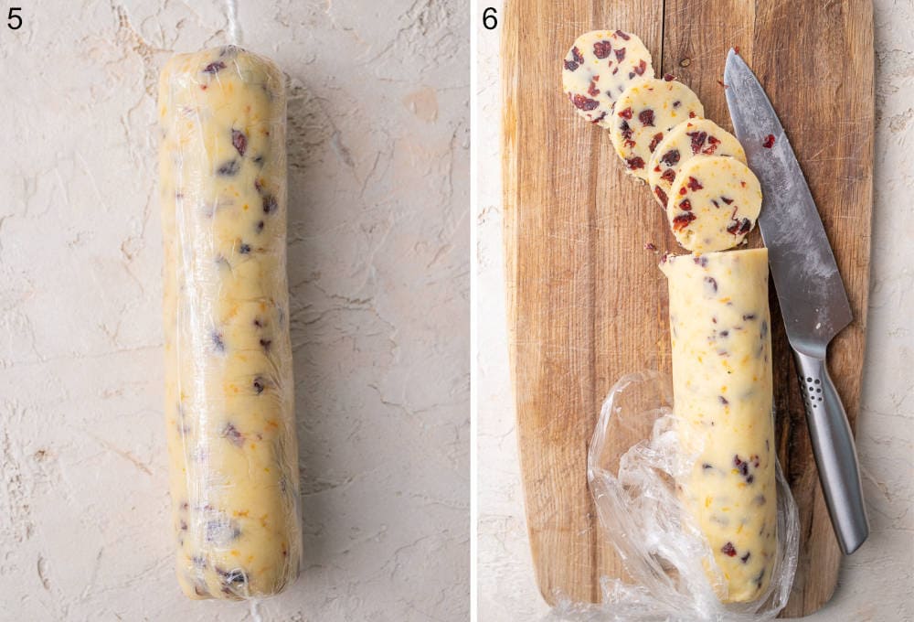 Cookie dough log wrapped in plastic foil. Cookie dough log cut into slices.