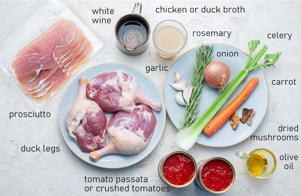 Labeled ingredients for duck ragu.