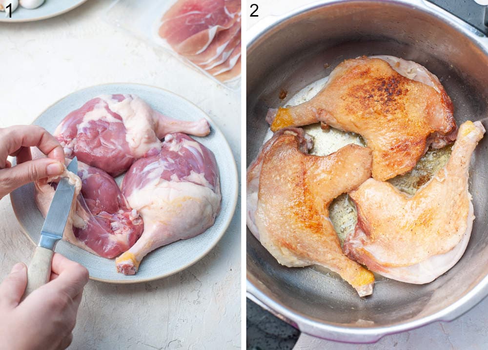 Excess fat is being cut off of duck legs. Pan-fried duck legs in a pot.