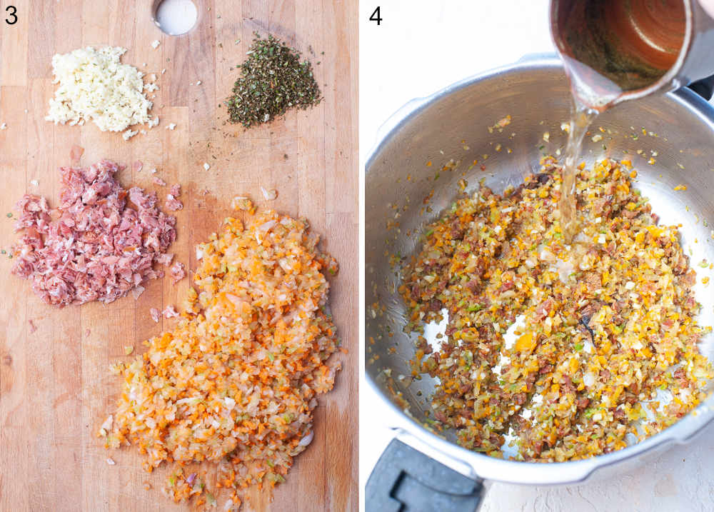 Chopped vegetables and herbs on a wooden board. Wine is being added to sauteed vegetables in a pot.