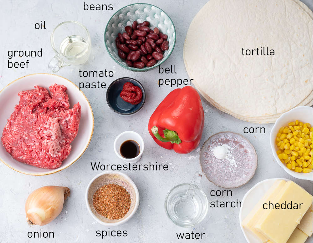 Labeled ingredients for ground beef quesadilla.