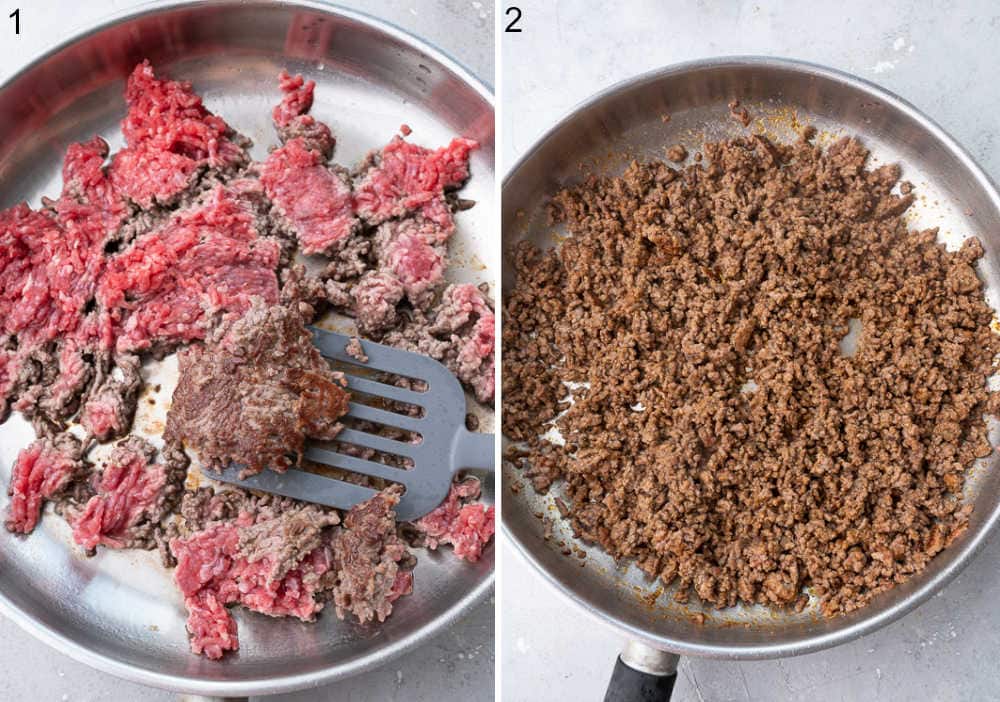 Ground beed is being cooked in a pan. Cooked ground beef mixture in a pan.
