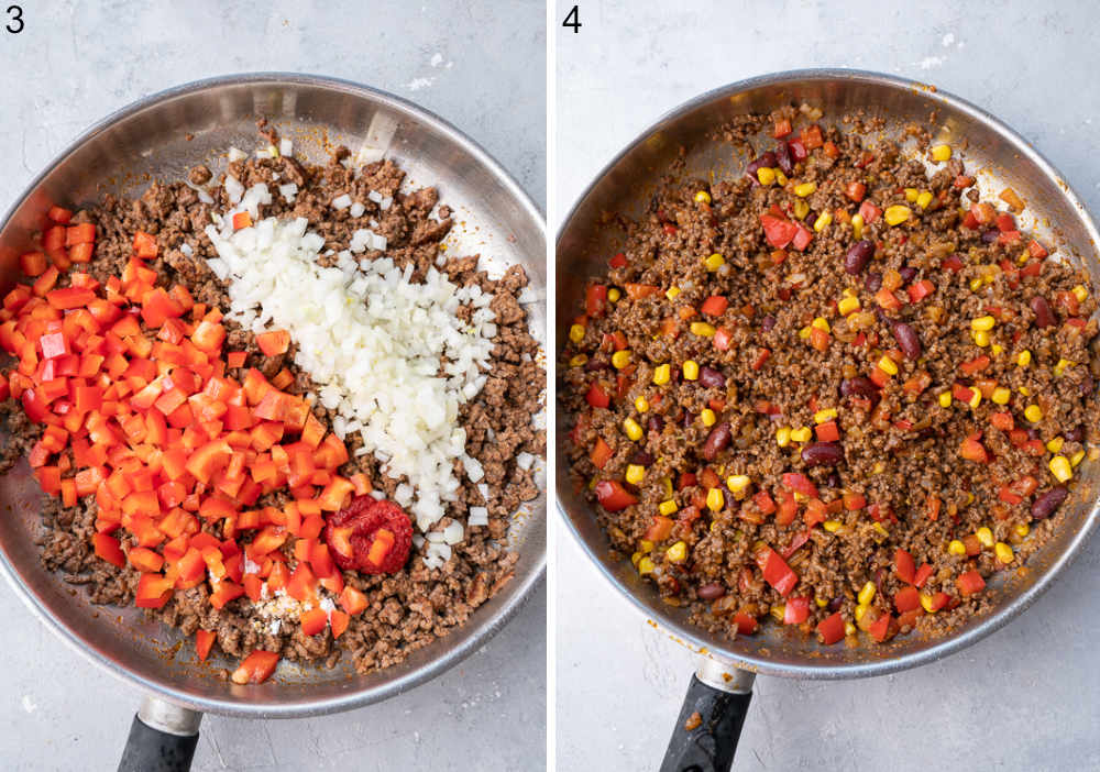 Ground beef with bell peppers and onions in a pan. Ground beef filling for quesadillas in a pan.
