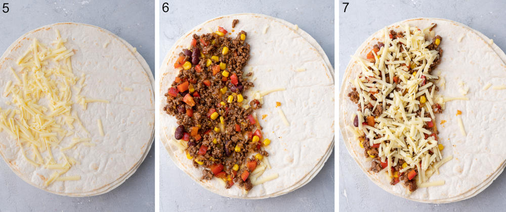 A collage of 3 photos showing how to assemble quesadillas.